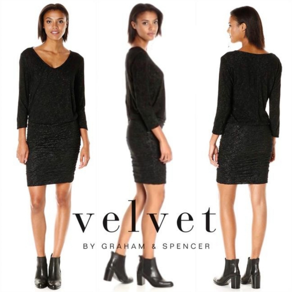 Velvet by Graham & Spencer Ruched V-Neck Textured Knit Black Dress Small Minimal